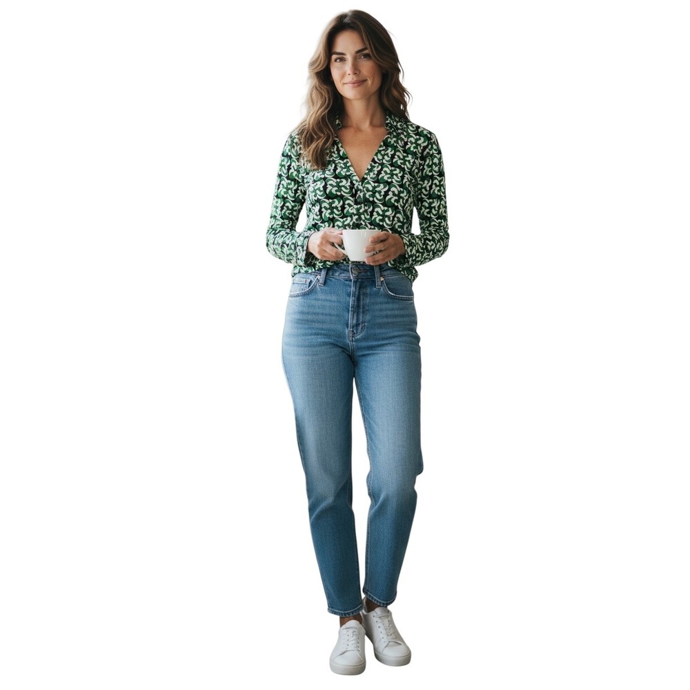 Zara Green Geometric Floral Print Long Sleeve Button Front Shirt Large